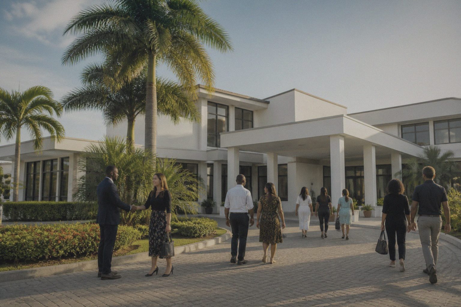 Members arriving at Haven of Peace Academy in Sala Sala on a Sunday morning