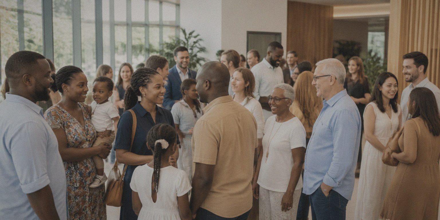 God's Tribe members greeting one another in the church foyer after a Sunday service
