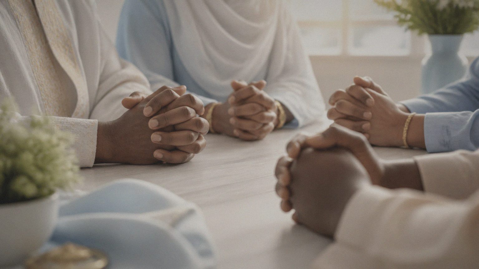 Hands folded together in prayer around a table in soft morning light
